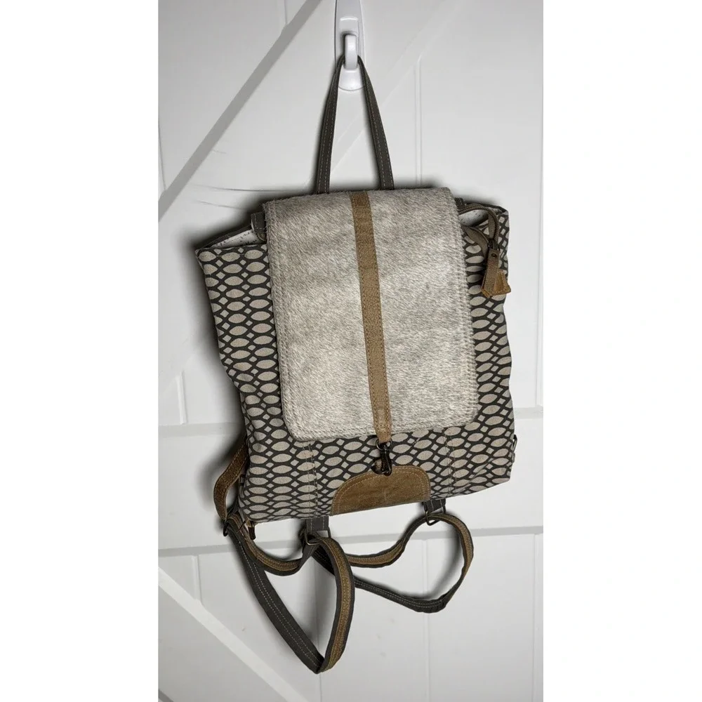 Myra Bag Cowhide Hair On Leather Backpack Western Boho Canvas Southwest Purse